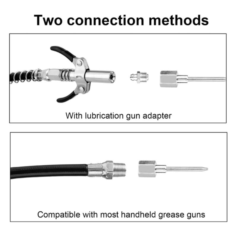 Grease Coupler Lubrication Fitting with Locking Handle, Extension Hose and Metal Needle Nozzles for Vehicle Maintenance