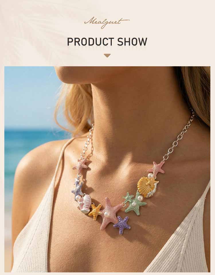 Ocean Necklace Colorful Starfish Seashell Multi Charm Silver Color Jewelry Mermaid Style Summer Beach Vacation Necklace Gift