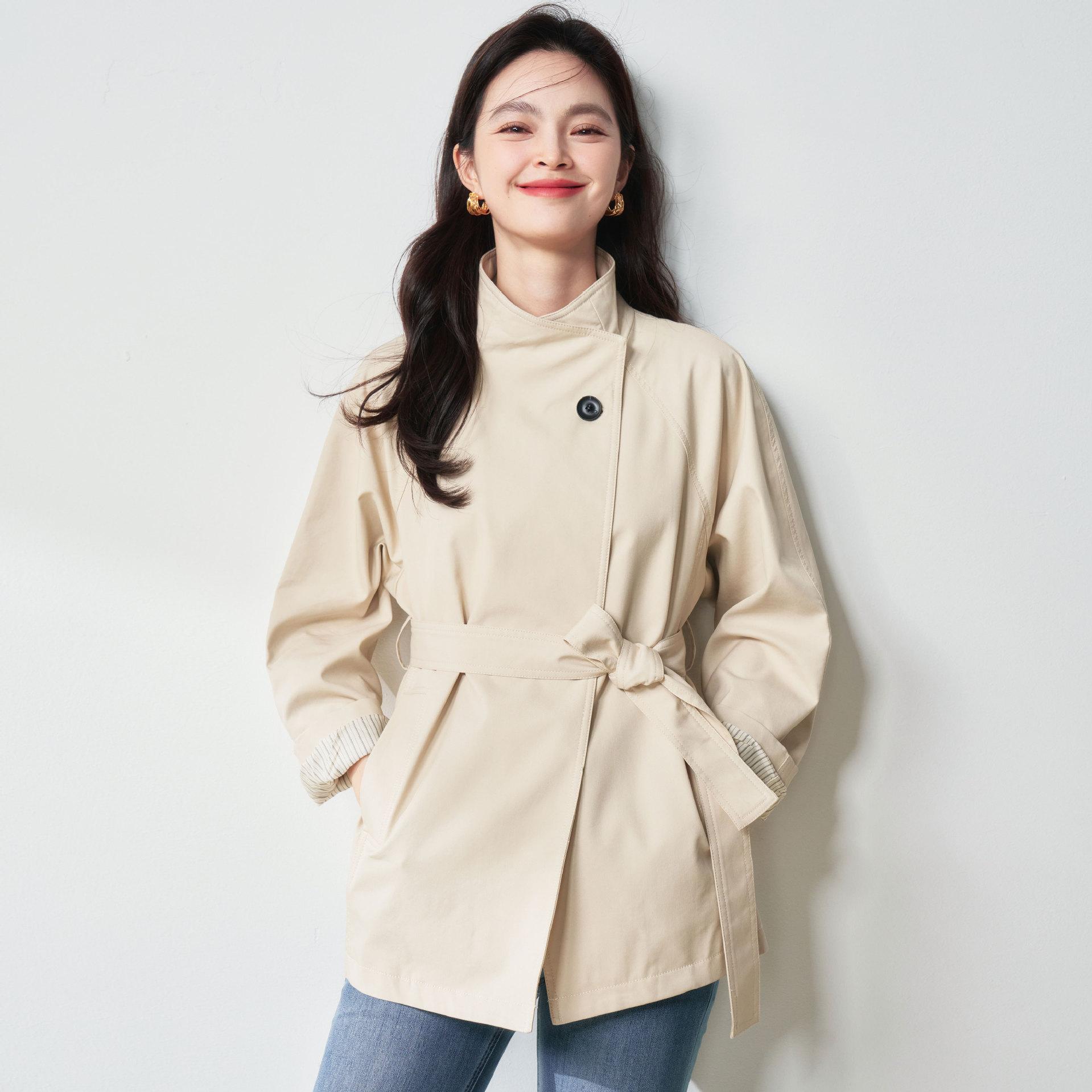 

Autumn simple ROW style stand-up collar trench coat with one button temperament versatile design jacket 073 S бежевий