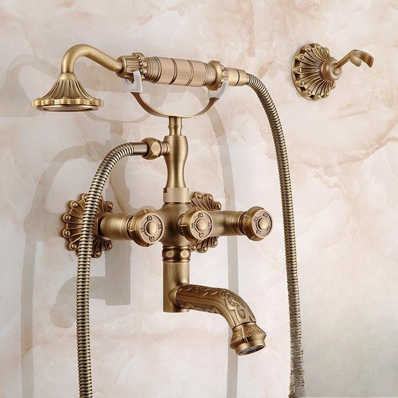 Retro Bathroom Bathtub Faucet Wall Mounted Hand-operated Showerhead Antique Brass Simple Showerhead Set for Bathing