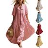 Damen Kurzarm A-Linien Swing Kleid, V-Ausschnitt Plissiert Fließendes Langes Kleid, Sommer Lässig Strandurlaub Sommerkleid