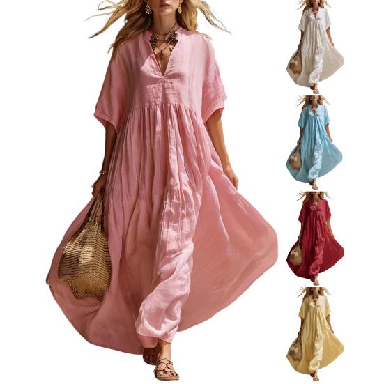 Damen Kurzarm A-Linien Swing Kleid, V-Ausschnitt Plissiert Fließendes Langes Kleid, Sommer Lässig Strandurlaub Sommerkleid