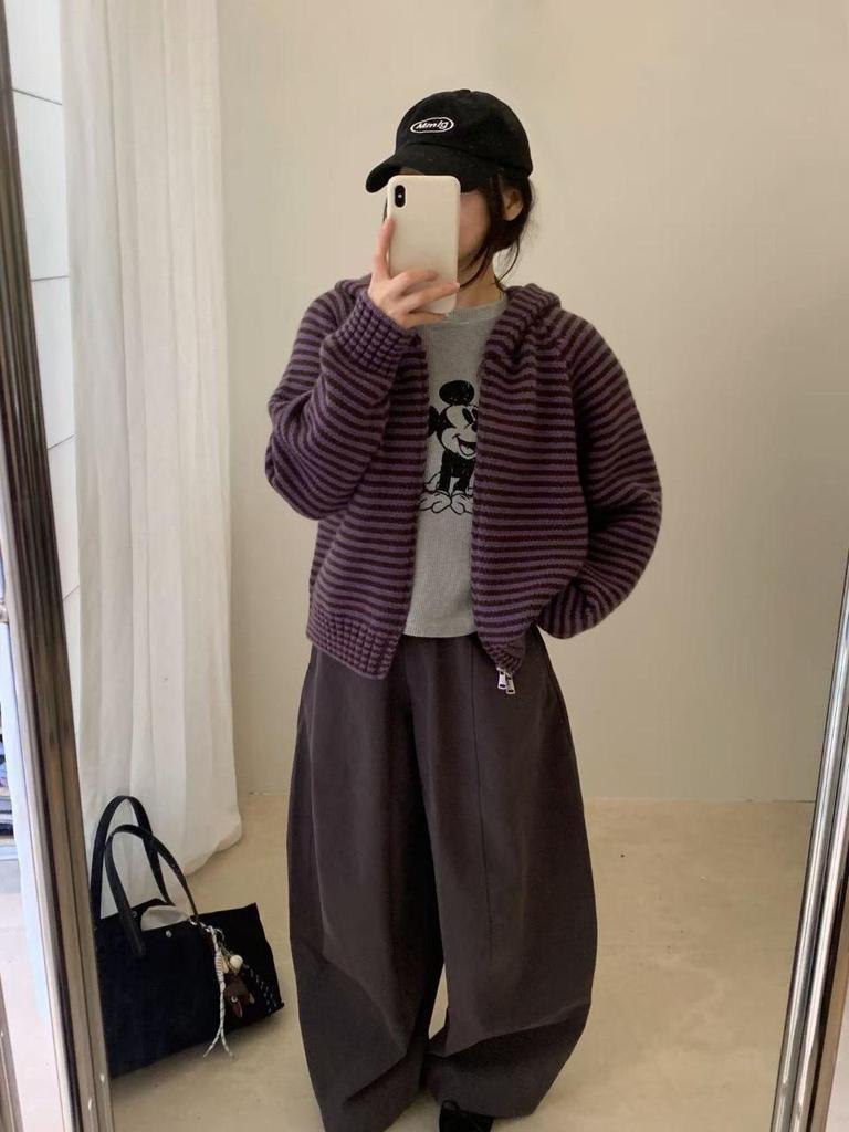 Korean Retro Color Block Stripe Zipper Hooded Knit Cardigan for Women - Autumn/Winter Loose Fit Sweater Jacket