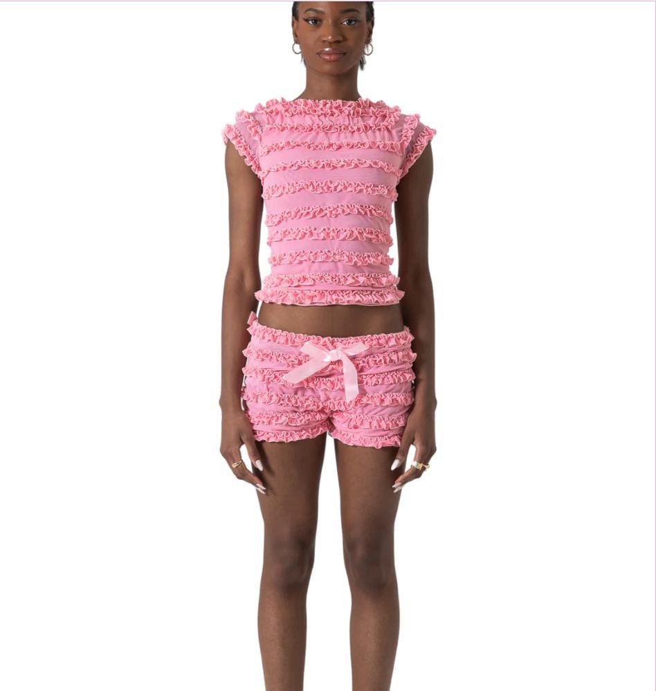 Cross-Border Lace-Up Camisole & Lace Trim Fluffy Shorts Set - Sweet Spicy Style Large