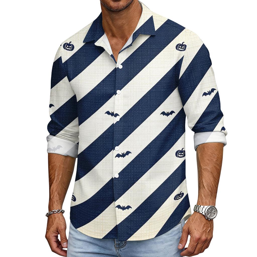 Men's Loose Fit Long Sleeve Shirt Halloween Pumpkin Print Casual Button Down Shirt Vintage Style Breathable Fabric Comfortable for Outdoor Workwear