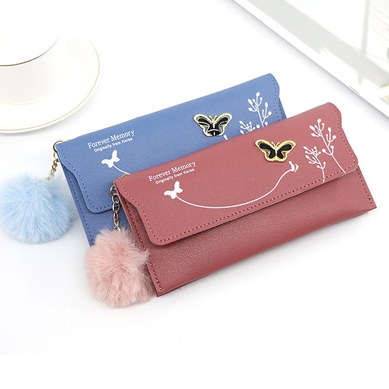 Womens Wallet Cute Elegant Long Slim Card Holder Case Minimalist Coin Purse Zipper Wallet With Fur Ball Bow Decor