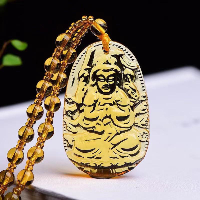 Yellow Crystal Necklace Long Sweater Chain Manjushri Pendant Amitabha Pendant Unisex Gift