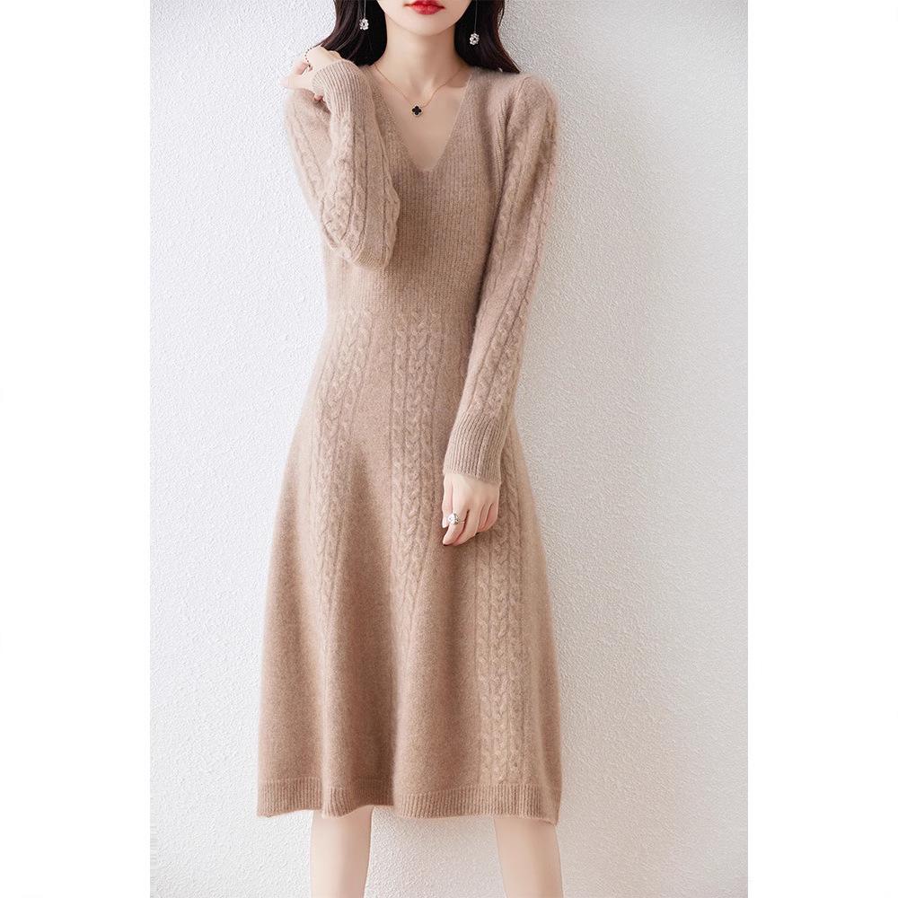 Women's Extra-Long V-Neck 100% Wool Knitted Dress with Thickened Waist-Cinching Skirt - Autumn/Winter Collection