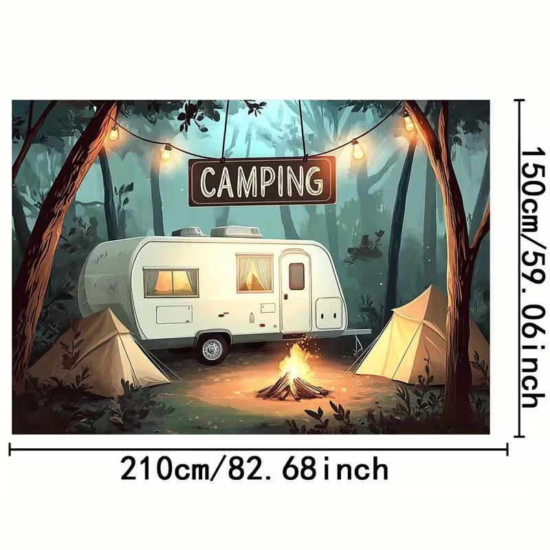 2D Summer Camp Backdrop, Retro RV Camper & String Lights Party Banner