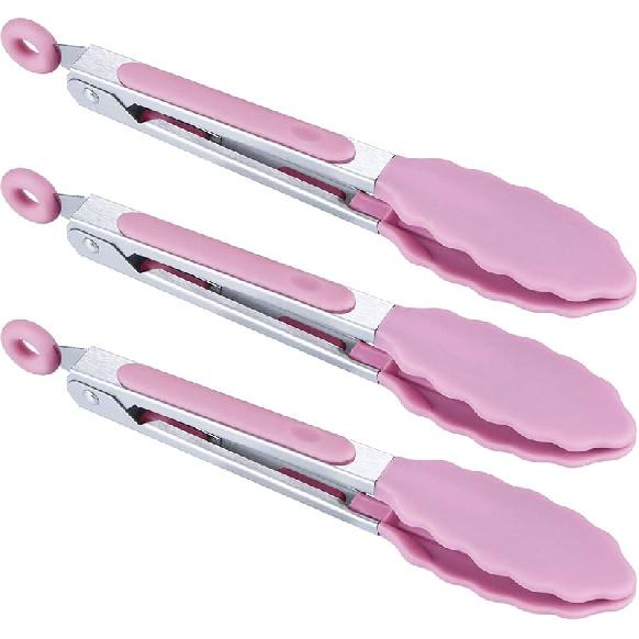 7 inch Cooking Tongs, MSY BIGSUNNY Set of 3 Mini Kitchen Tongs Silicone Serving Tongs With Silicone Tips for FoodGrill, Salad, BBQ (Snow White) Pink - Mini Tongs Set