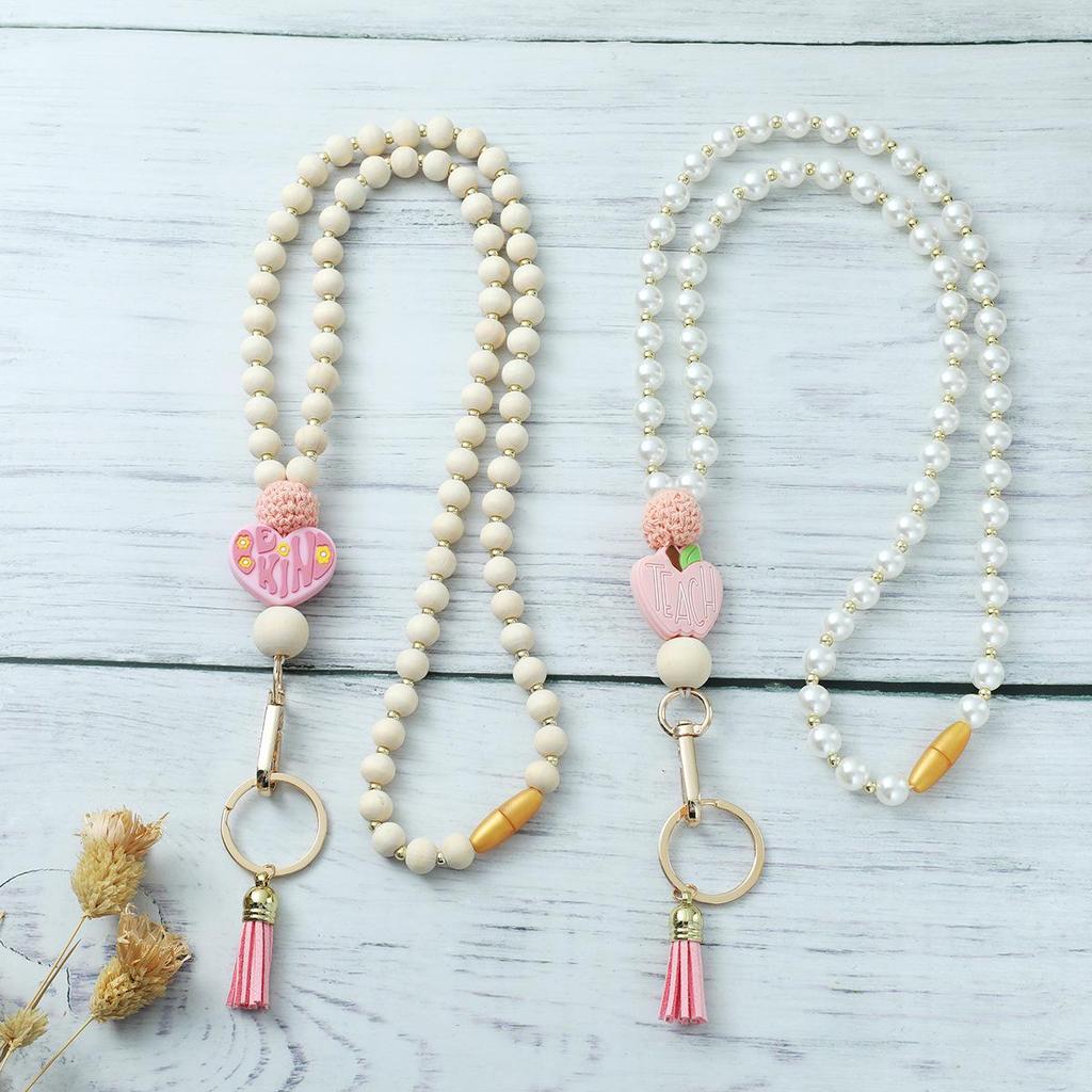 Heart Tassel Silicone & Wooden Bead Keychain Lanyard Necklace