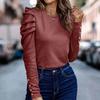 Top da donna a maniche lunghe con maniche a sbuffo e collo rotondo