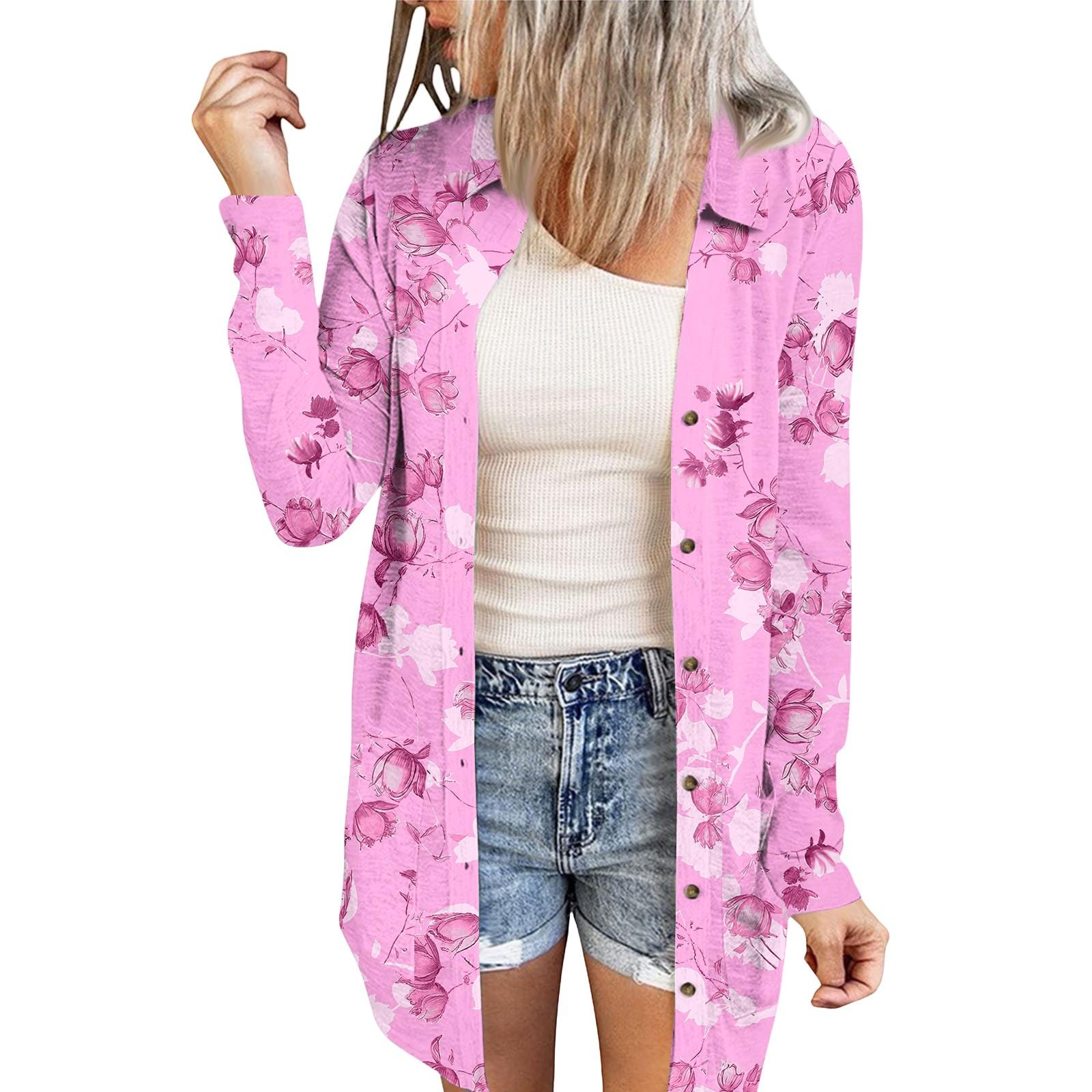 

Women s Casual Fashion Floral Print Long Sleeve Mid-Length Cardigan Jacket XL рожевий