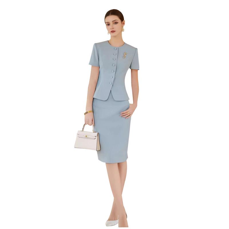 Women's Short Sleeve Blue Professional Skirt Suit - Summer Fashion Round Neck Reception Uniform