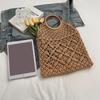 New Wooden Handle Rattan Handle Solid Color Hollow Handmade Cotton Rope Woven Bag Seaside Vacation Handbag Straw Bag