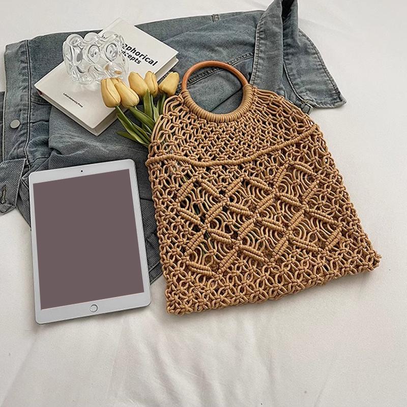 New Wooden Handle Rattan Handle Solid Color Hollow Handmade Cotton Rope Woven Bag Seaside Vacation Handbag Straw Bag