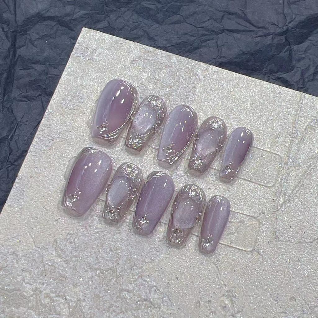 Pure Hand-wearing Nail Fake Nail Patch Nail Art Finished Purple Light Bulb Cat Eye Cloth Chela Magic Mirror Miracle Angel