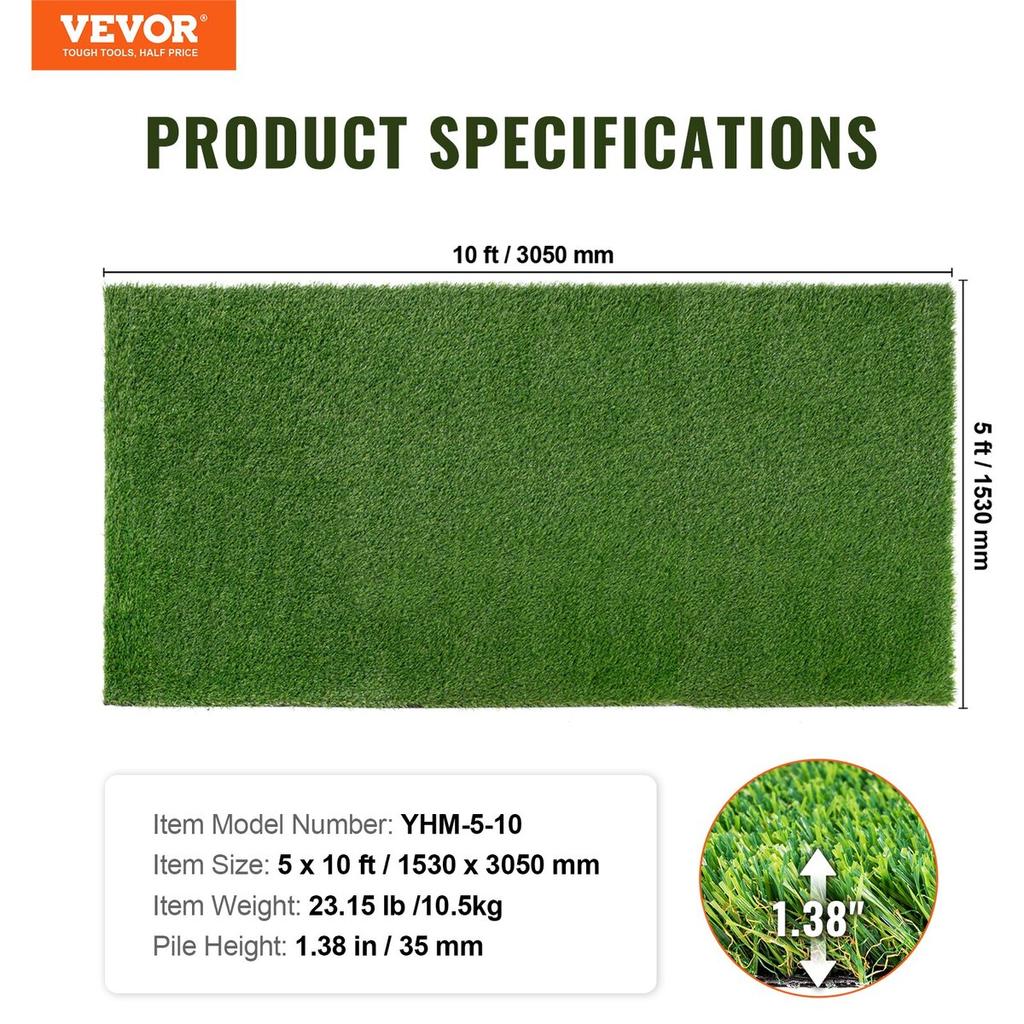 Artifical Grass, 5 X 10 Ft Rug Green Turf, 1.38"Fake Door Mat Outdoor Patio Lawn Decoration, Easy To Clean with Drainage Holes, Perfect For