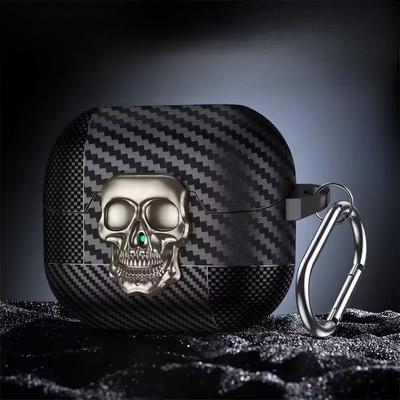Carbon Fiber Texture Arphone Case For Apple AirPods Pro 1 2 3 4 Creative Rotate Metal Skull Latch Switch Anti-fall Protect Cover