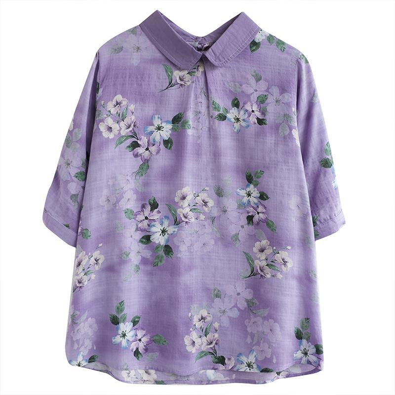 In Stock, Summer Sweet Wind Floral Shirt Women's Cotton and Linen Color Matching Lapel Shirt Loose and Versatile Short-sleeved Top