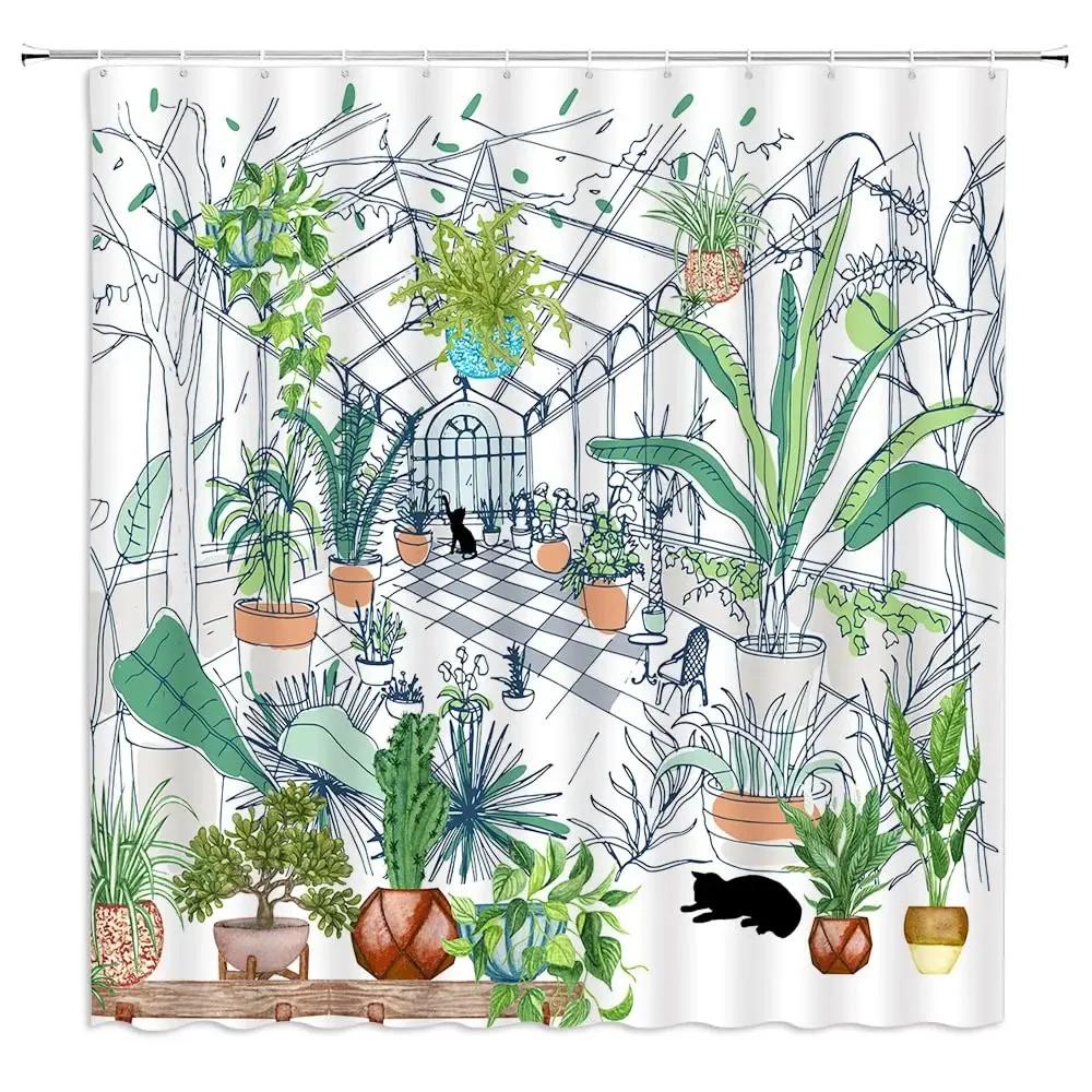 Tropical Greenery Shower Curtain Succulent Cactus Palm Pineapple Tropical Fruit Cat Bathroom Decoration Shower Curtain With Hook