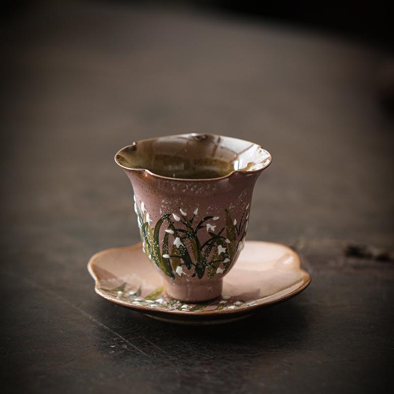 Light Luxury Retro Hand-painted Lily of The Valley Owner Cup Ceramic Chinese Kung Fu Tea Set, Home Petal Tea Tasting Single Cups