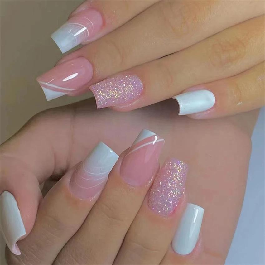 24 Stück Mittellange Acryl-Press-On-Nägel French Tip Falschnägel Set Abnehmbare Künstliche Nagelspitzen für Damen