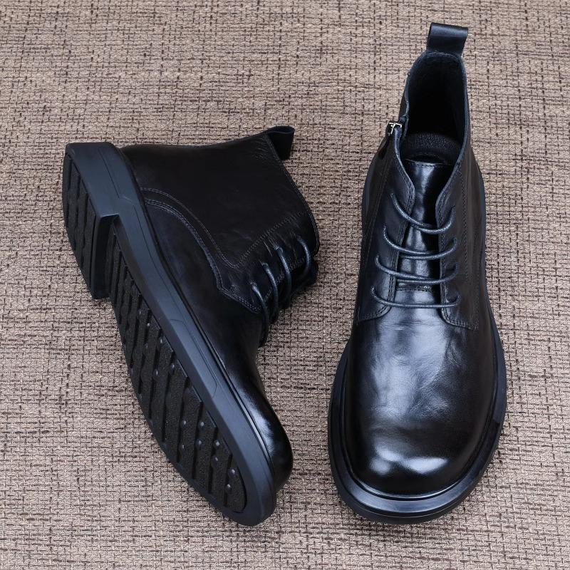 Martin boots men's boots leather high-top autumn and winter velvet thick-soled casual mid-top leather shoes men's leather boots