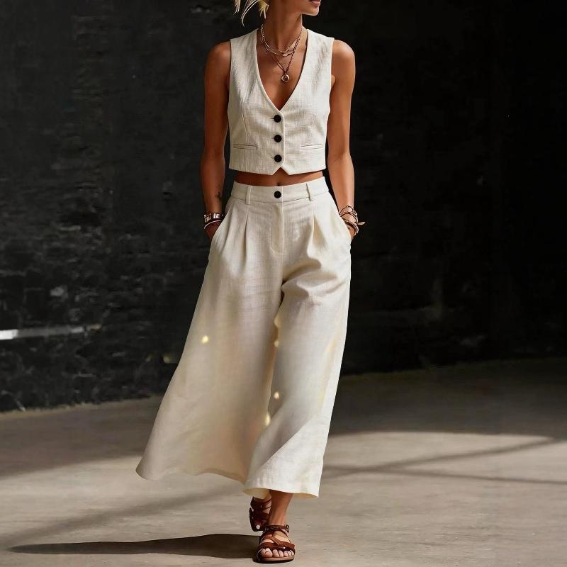 Completo Due Pezzi da Donna Vestibilità Larga Canotta Senza Maniche Scollo a V Pantaloni a Gamba Larga Vita Alta
