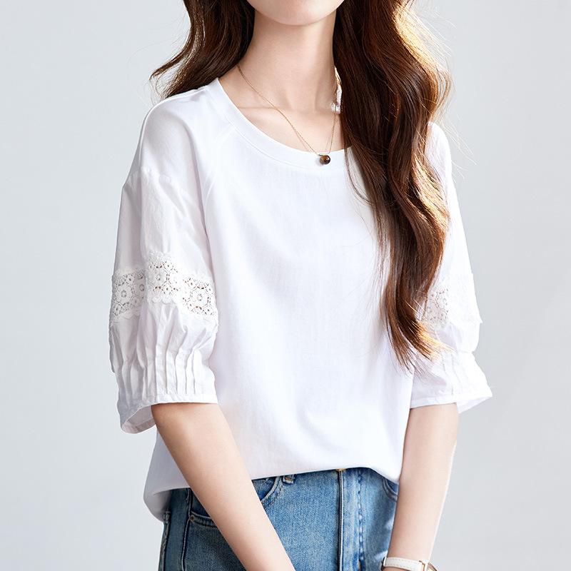 

Белая футболка женская с коротким рукавом летняя новая кружевная ажурная с рукавом-фонариком топ из чистого хлопка One size белый