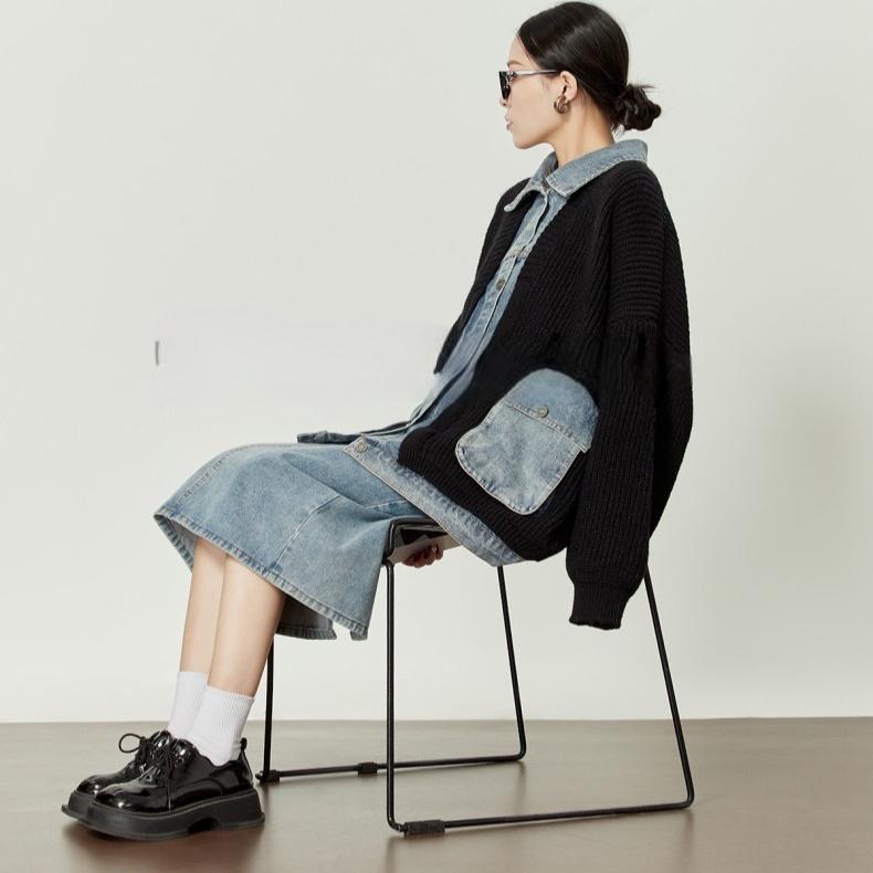 Dimanaf 2025 Autumn Jacket Women Sweaters Coat Black Patchwork Wadded Coat Cardigan Knitting Pockets Sweater