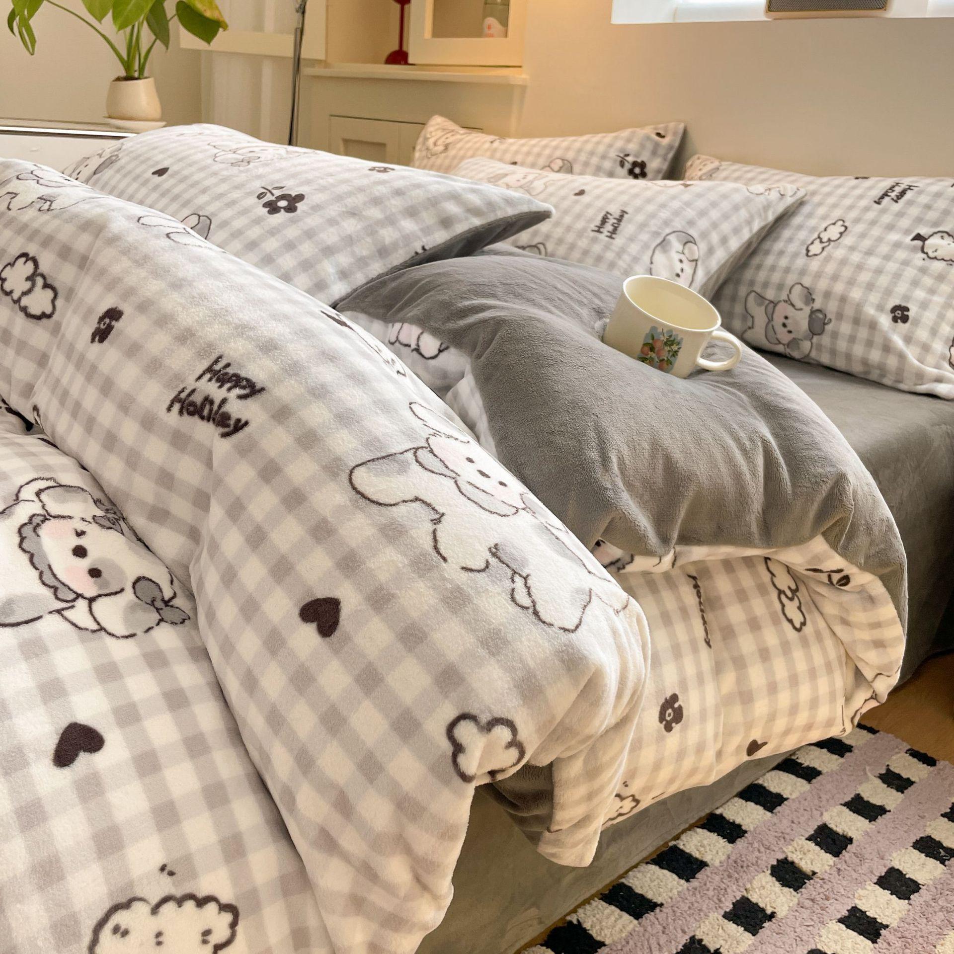 

Thickened Milk Fleece Bed Four-Piece Winter Bed Sheet Double-Sided Flannel Coral Fleece Quilt Cover 1.2m Sheet 3pc 150 * 200cm Quilt Core