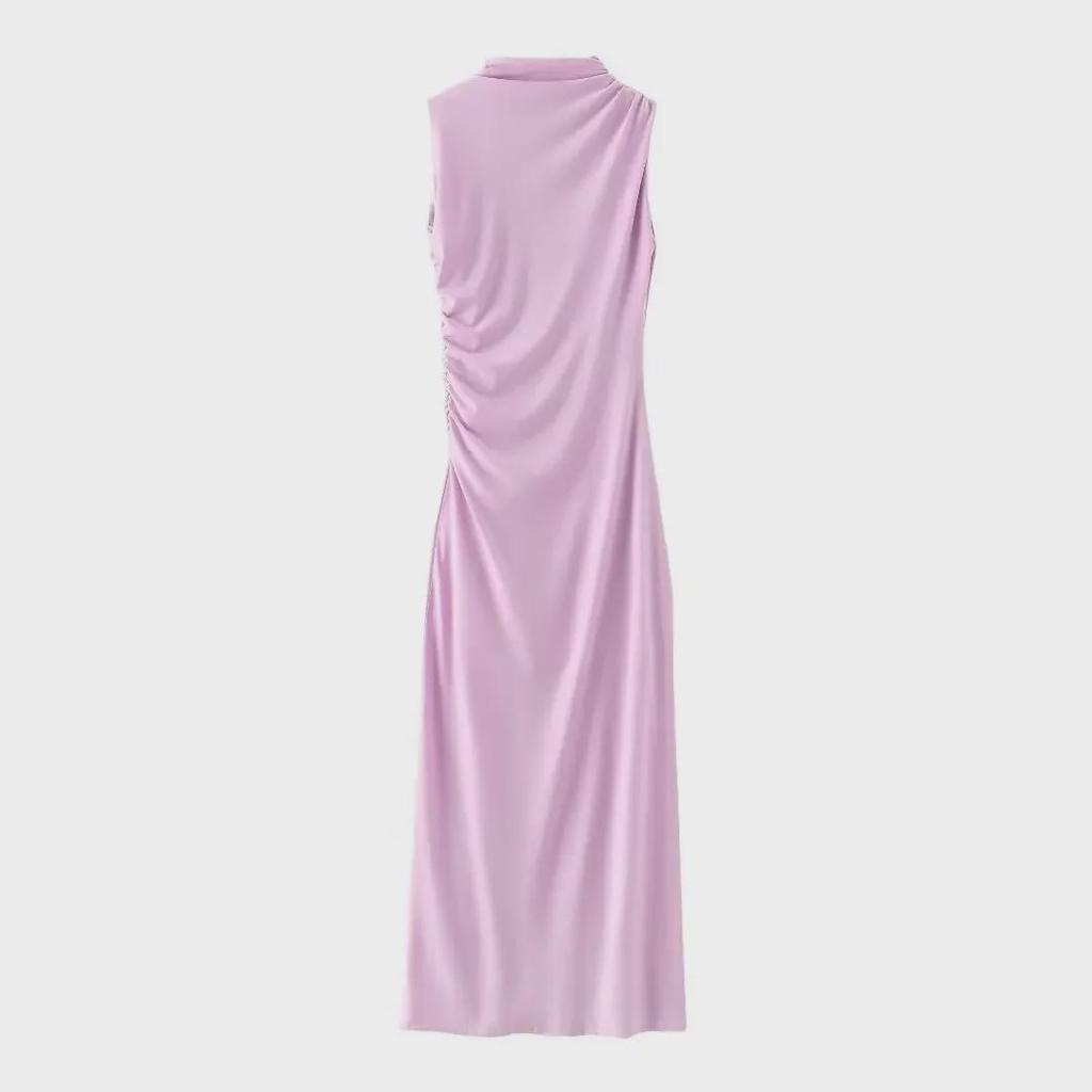 2024 Sleeveless Pleated Stand Collar Midi Dress - Solid Color Slim Fit