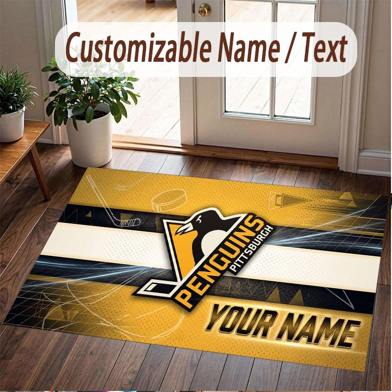 Custom Rug Pittsburgh Penguins Pattern Print Name Text Soft Non‑Slip Floor Carpet for Home Indoor Decoration