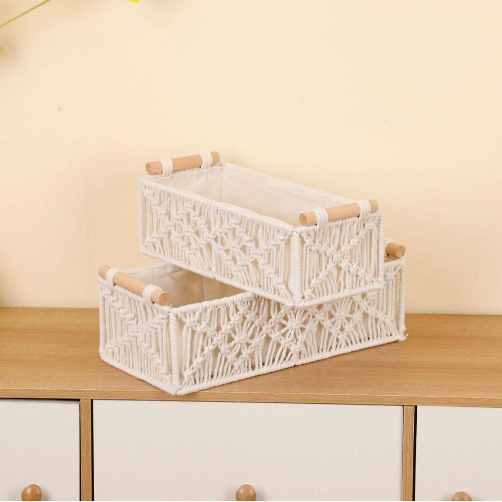 Bohemski Skandynawski Ręcznie Tkany Koszyk z Bawełnianego Sznurka na Kosmetyki, Przekąski, Kwiaty i Owoce