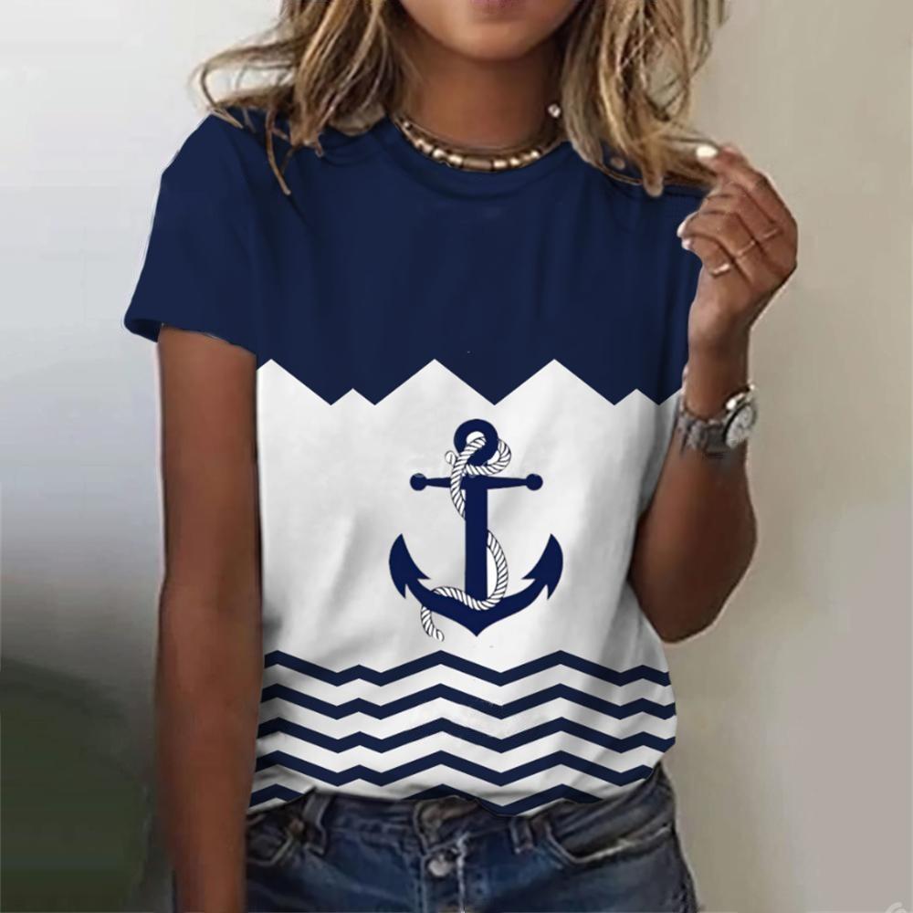 Summer European and American Style Inverted Hook Ocean 3D Printed Women's Fashionable Round Neck Short Sleeved T-shirt