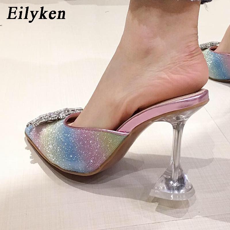 Fashion Eilyken Rhinestone Women Pumps Sandals Elegant Pointed Toe Bling Crystal Perspex Heeled Mule Stripper Shoes Zapatos Mujer