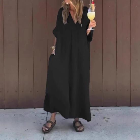 Women's Loose Maxi Dress V-Neck Short Sleeve Long Dress Summer Casual A-Line Beach Sundress