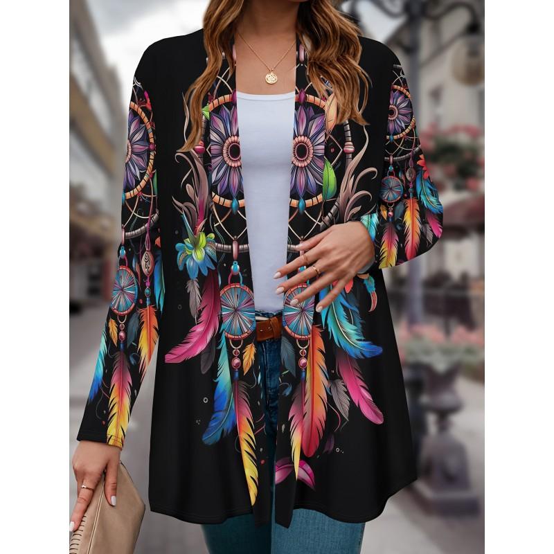 Boho Chic Printed Loose Long Sleeve Open Front Cardigan Women Comfortable Casual Outerwear