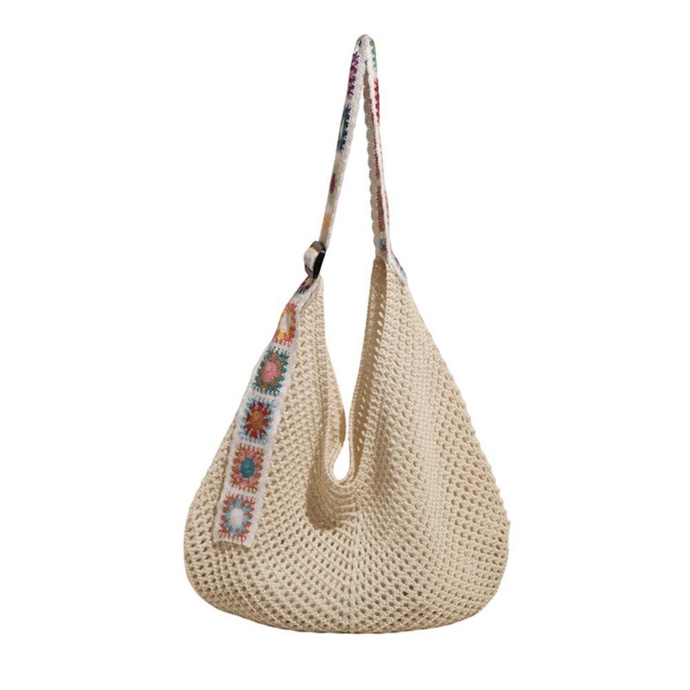 New Large Capacity Crochet Tote Bag Embroidered Strap Lightweight Hollow Woven Bag Flower Knitting Handbag Female