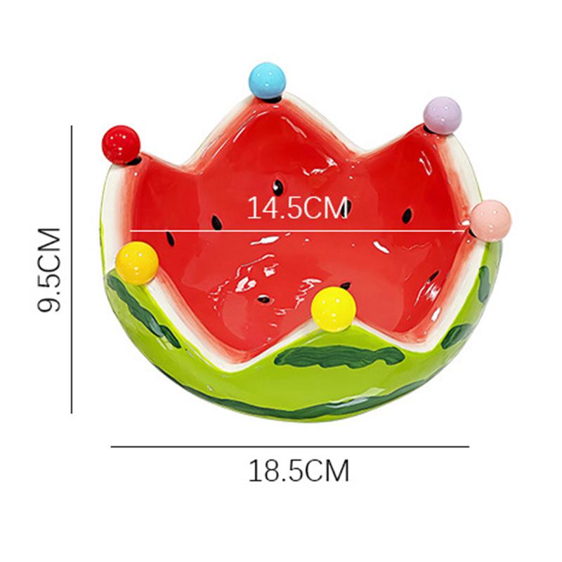 Creative Crown Watermelon Ceramic Fruit Bowl, Cute Salad Dessert Bowl with Fruit Fork for Home Use