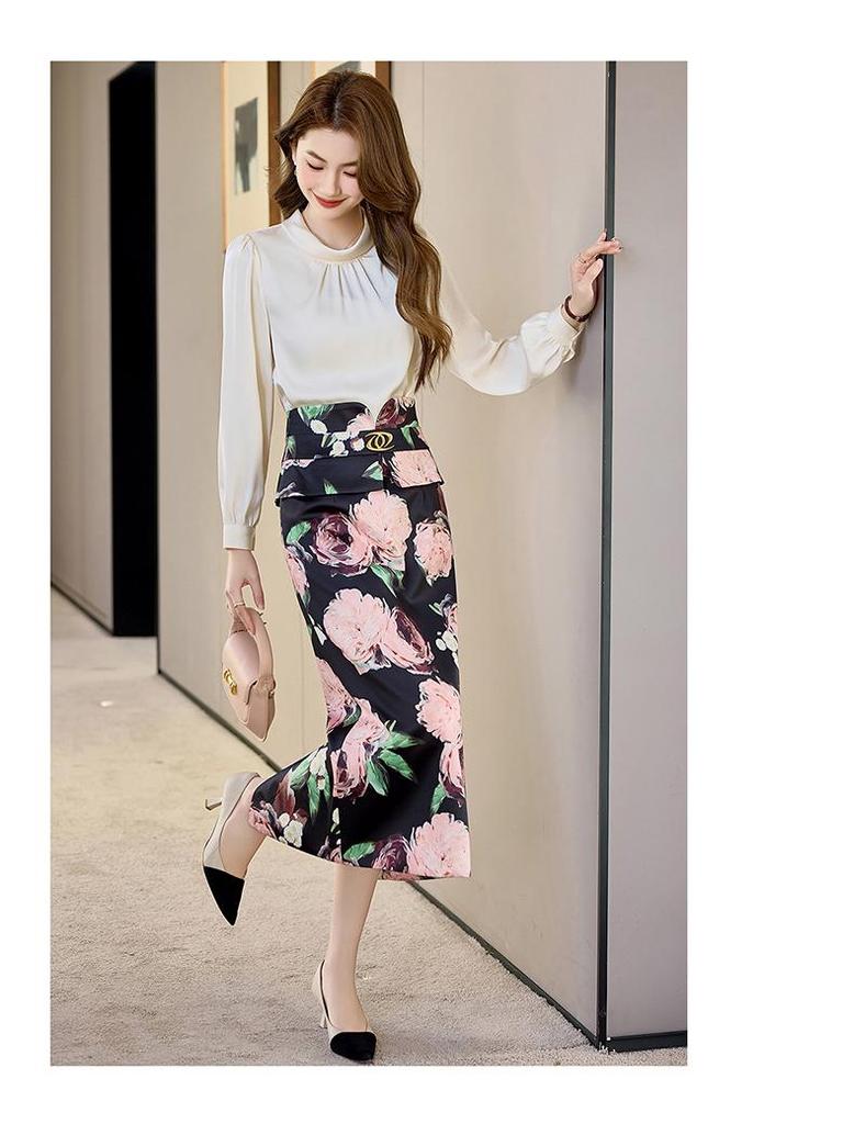 2025 Spring Fashion Slim Fit Long-Sleeve Shirt & Midi Skirt Set