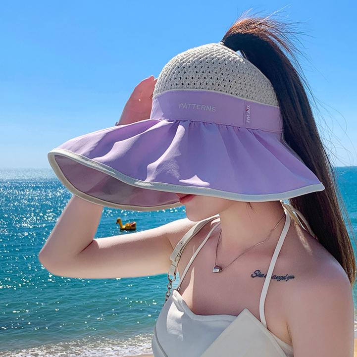 Casual Women Summer Wide Brim Sun Visor Hat Adjustable UV Protection Bow Knot Foldable Sport Empty Top Cap Beach Cap Sun Hat