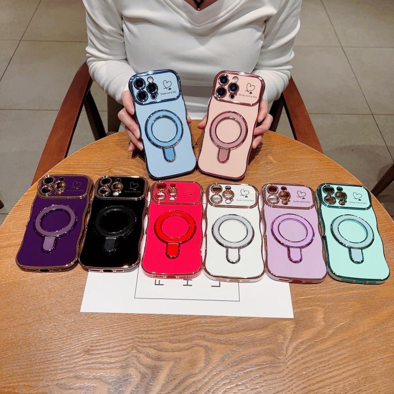 Applicable to iPhone17Promax wave love mobile phone case Apple 16 electroplated magnetic suction bracket anti-drop protective case