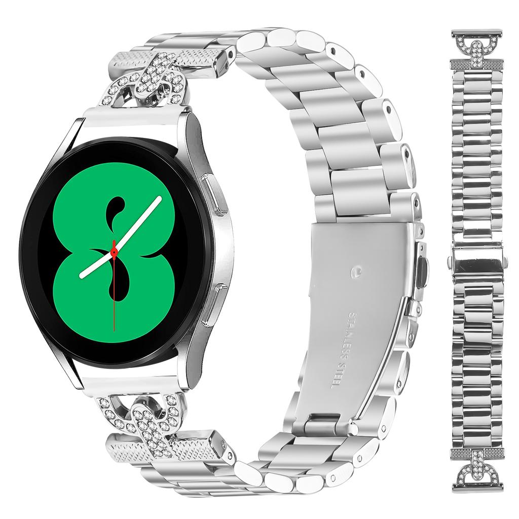 Watch Strap for GarminActive 5/vivoactive 5 Silver Metal Band D-Shape Rhinestones Decor 3-Bead