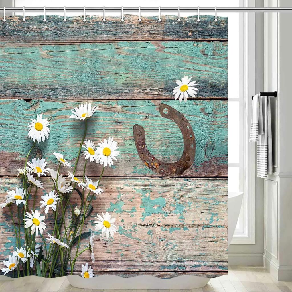 Rustic Shower Curtain Grey Floral Fabric Bath Curtains Butterfly Daisy American Country Farm Style Bathroom Decor With 12 Hooks