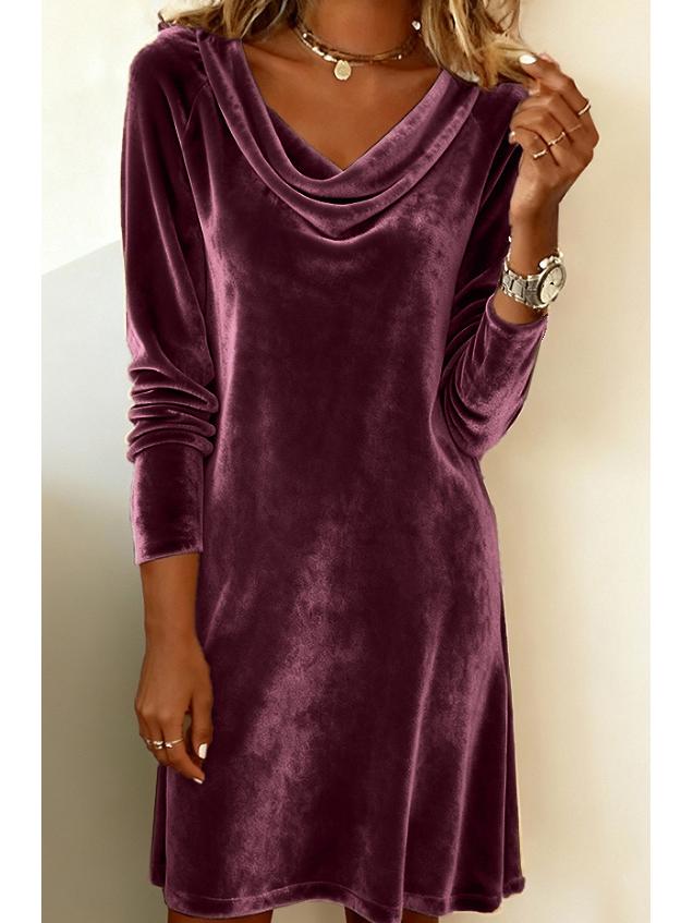 2025 Autumn/Winter Women's Solid Velvet Dress with Shawl Collar and Long Sleeves