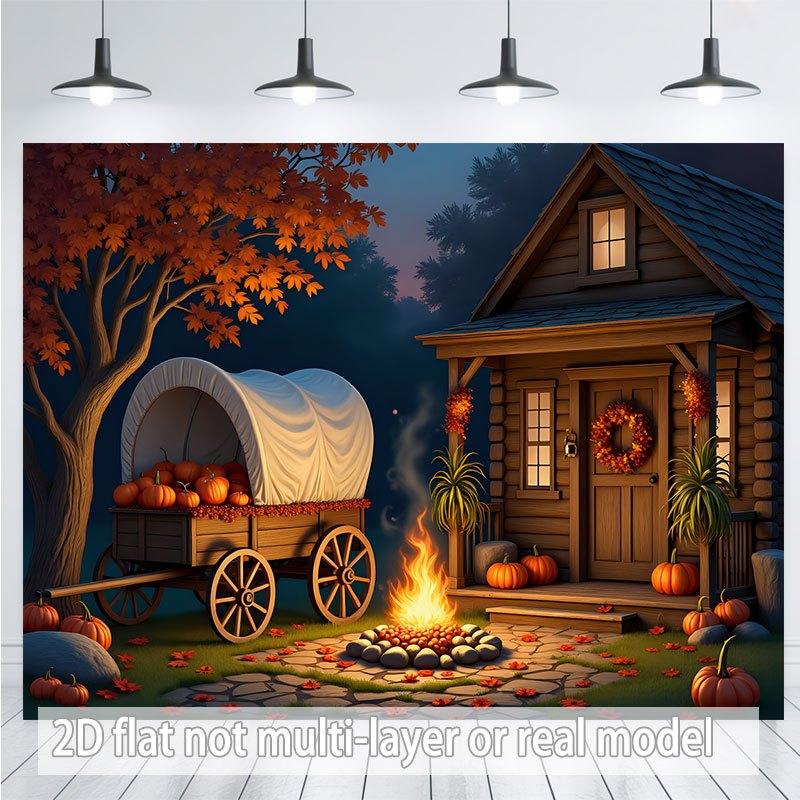 2D plane 1 cozy cabin scene with a campfire and a carriage filled with pumpkins (as the picture,100x150cm)