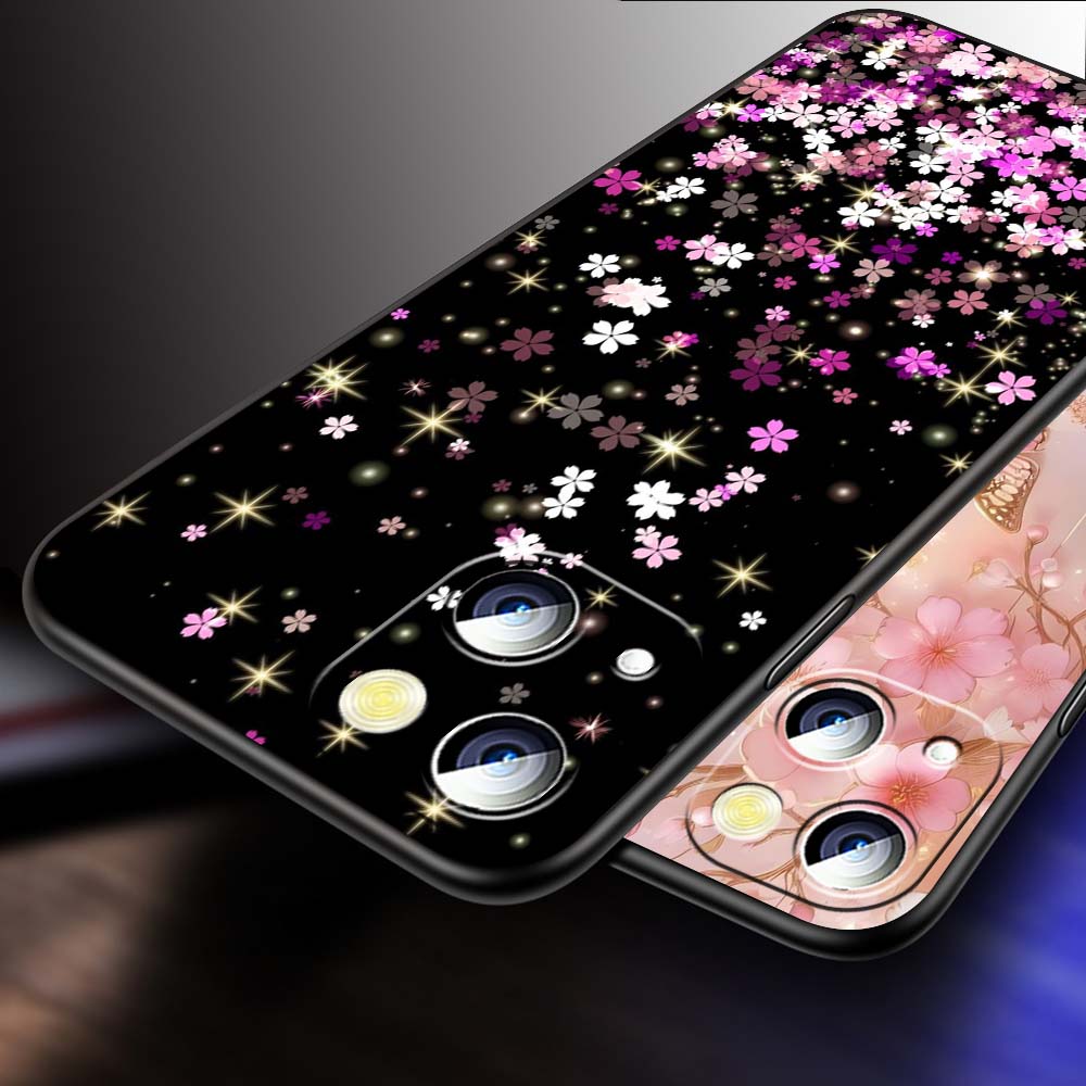 Schmetterlingsblumenmuster Handyhülle Für Apple iPhone 17 16 16E 15 14 13 12 11 Pro Max Plus Schwarz Weiches Silikon