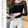 Lace Lined Undershirt T-shirt Women's Spring and Autumn Outfit Long Sleeved Black Slim Fit Slimming Effect Mesh Trendy